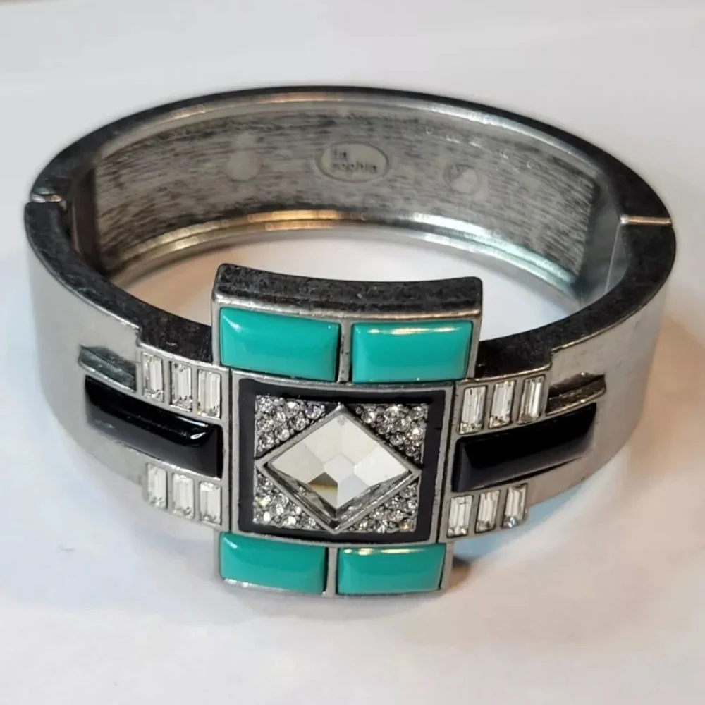 Art Deco Silver Bracelet NYE Party Statement Turquoise Red Carpet Retro NEW